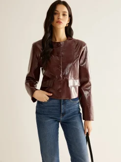 COMMENSE Outerwear|Blazers^Crew Neck PU Leather Short Blazer Burgundy