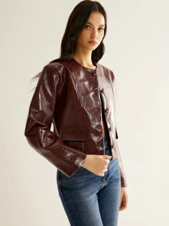 COMMENSE Outerwear|Blazers^Crew Neck PU Leather Short Blazer Burgundy