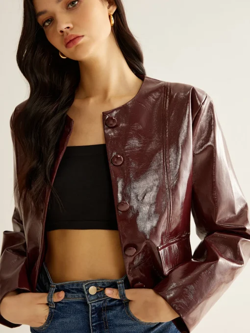 COMMENSE Outerwear|Blazers^Crew Neck PU Leather Short Blazer Burgundy