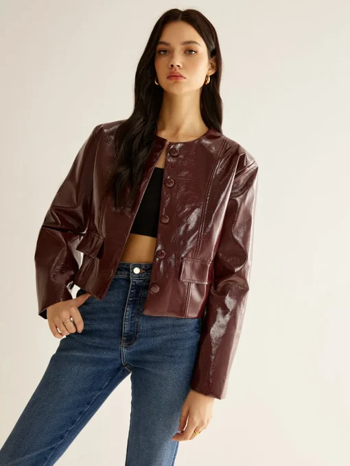 COMMENSE Outerwear|Blazers^Crew Neck PU Leather Short Blazer Burgundy