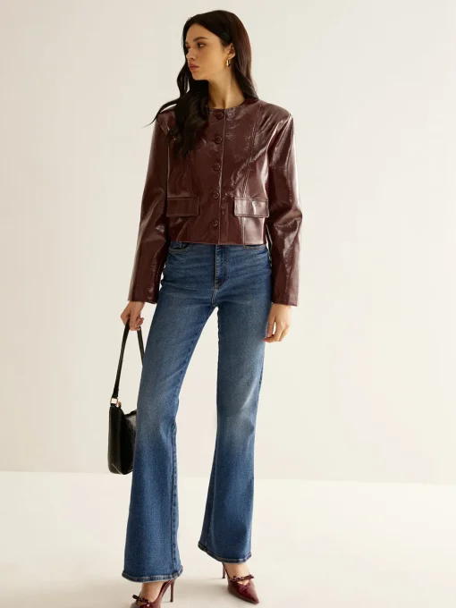 COMMENSE Outerwear|Blazers^Crew Neck PU Leather Short Blazer Burgundy