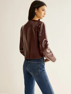 COMMENSE Outerwear|Blazers^Crew Neck PU Leather Short Blazer Burgundy