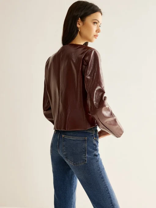 COMMENSE Outerwear|Blazers^Crew Neck PU Leather Short Blazer Burgundy