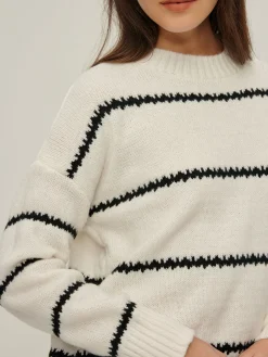 COMMENSE Sweater Tops|Sweaters & Cardigans^Crew Neck Striped Pullover Sweater White