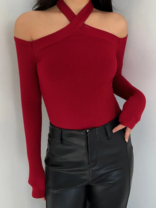 COMMENSE T-shirts|Tops^Criss Cross Cold-Shoulder Ribbed Top Burgundy