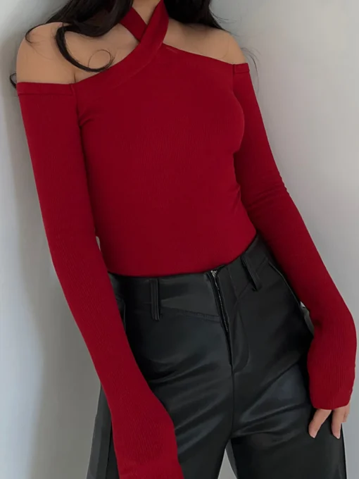 COMMENSE T-shirts|Tops^Criss Cross Cold-Shoulder Ribbed Top Burgundy