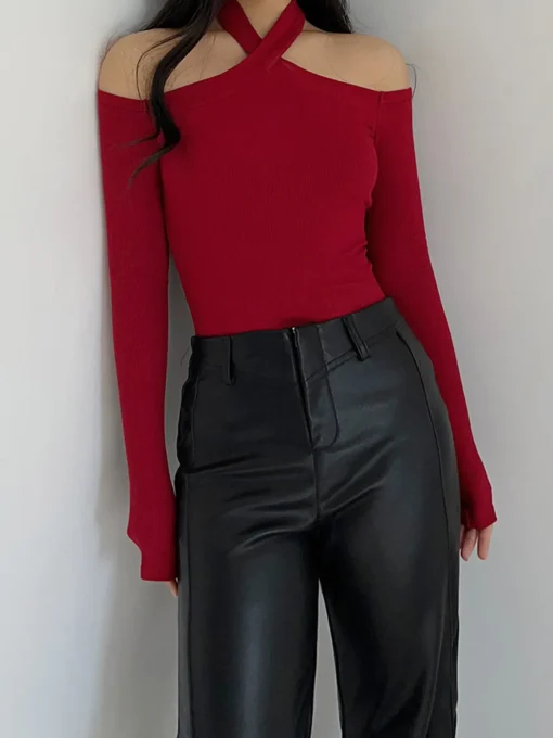 COMMENSE T-shirts|Tops^Criss Cross Cold-Shoulder Ribbed Top Burgundy