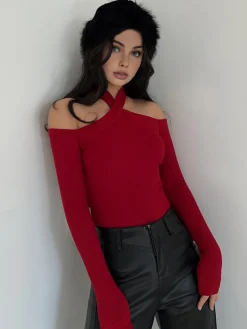 COMMENSE T-shirts|Tops^Criss Cross Cold-Shoulder Ribbed Top Burgundy
