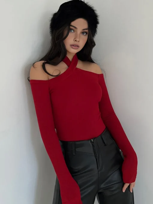 COMMENSE T-shirts|Tops^Criss Cross Cold-Shoulder Ribbed Top Burgundy