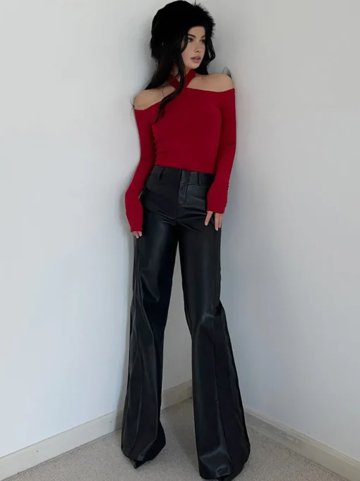 COMMENSE T-shirts|Tops^Criss Cross Cold-Shoulder Ribbed Top Burgundy