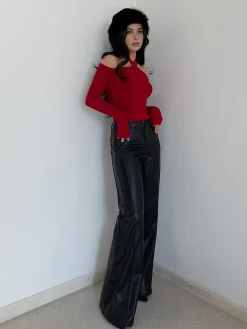 COMMENSE T-shirts|Tops^Criss Cross Cold-Shoulder Ribbed Top Burgundy
