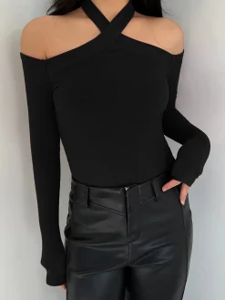 COMMENSE T-shirts|Tops^Criss Cross Cold-Shoulder Ribbed Top Burgundy
