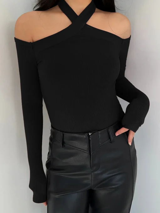 COMMENSE T-shirts|Tops^Criss Cross Cold-Shoulder Ribbed Top Burgundy