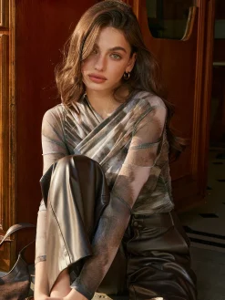COMMENSE Blouses & Shirts|Tops^Criss Cross Printed Mesh Blouse Multicolor