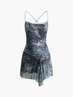 COMMENSE Dresses^Crisscross Print Asymmetrical Hem Short Dress Blue