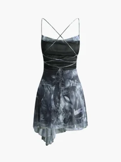 COMMENSE Dresses^Crisscross Print Asymmetrical Hem Short Dress Blue