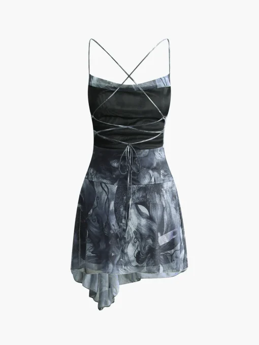 COMMENSE Dresses^Crisscross Print Asymmetrical Hem Short Dress Blue