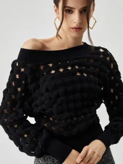 COMMENSE Blouses & Shirts|Tops^Crocheted Circle Hollow Off Shoulder Blouse Black