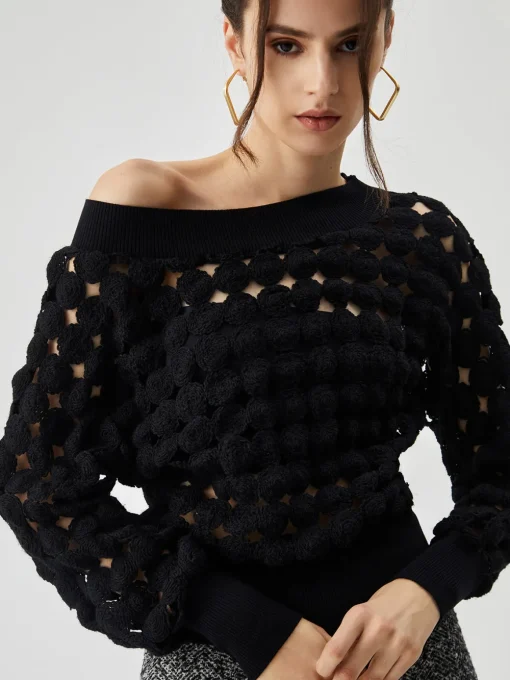 COMMENSE Blouses & Shirts|Tops^Crocheted Circle Hollow Off Shoulder Blouse Black