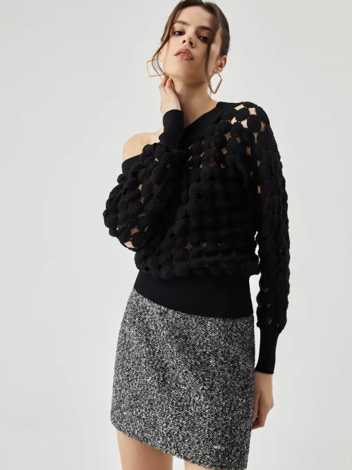 COMMENSE Blouses & Shirts|Tops^Crocheted Circle Hollow Off Shoulder Blouse Black