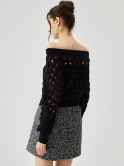 COMMENSE Blouses & Shirts|Tops^Crocheted Circle Hollow Off Shoulder Blouse Black
