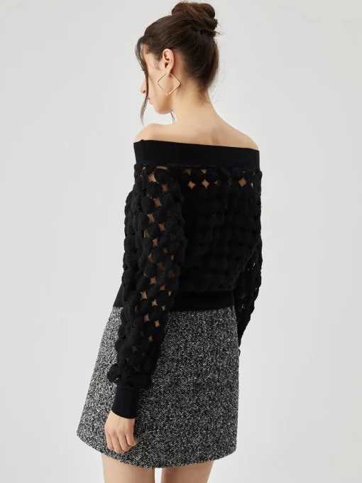 COMMENSE Blouses & Shirts|Tops^Crocheted Circle Hollow Off Shoulder Blouse Black
