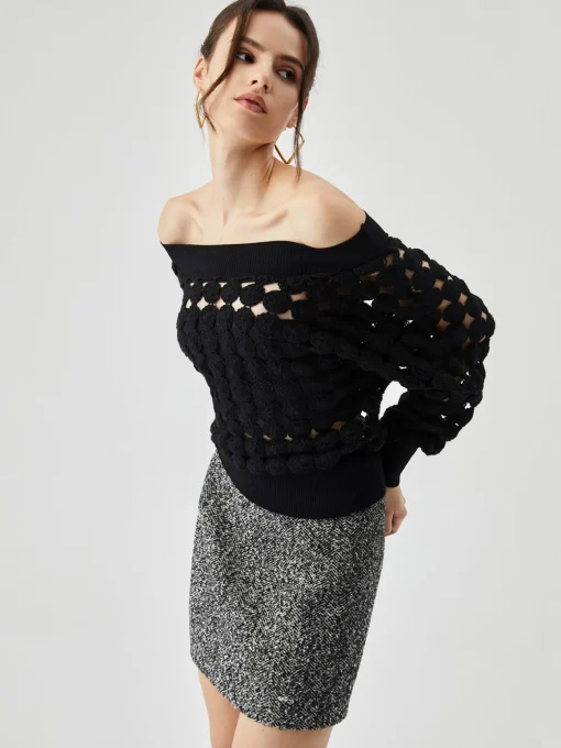 COMMENSE Blouses & Shirts|Tops^Crocheted Circle Hollow Off Shoulder Blouse Black