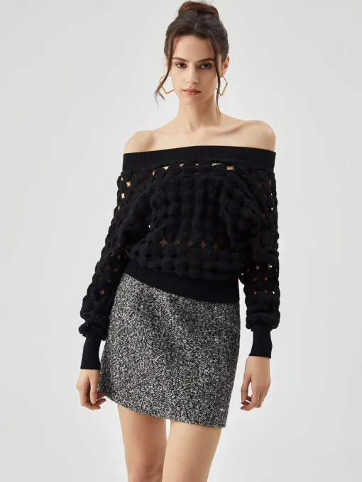 COMMENSE Blouses & Shirts|Tops^Crocheted Circle Hollow Off Shoulder Blouse Black