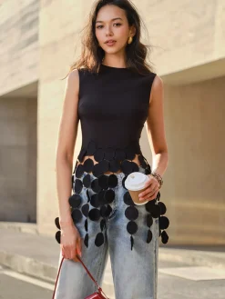 COMMENSE Crop Tops|Tank Tops & Camis^Crop Tassel Tank Top Black