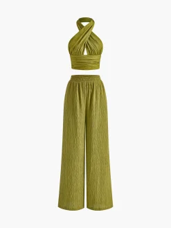 COMMENSE Pants Sets|Matching Sets^Cross Halter Plisse Pants Set Green