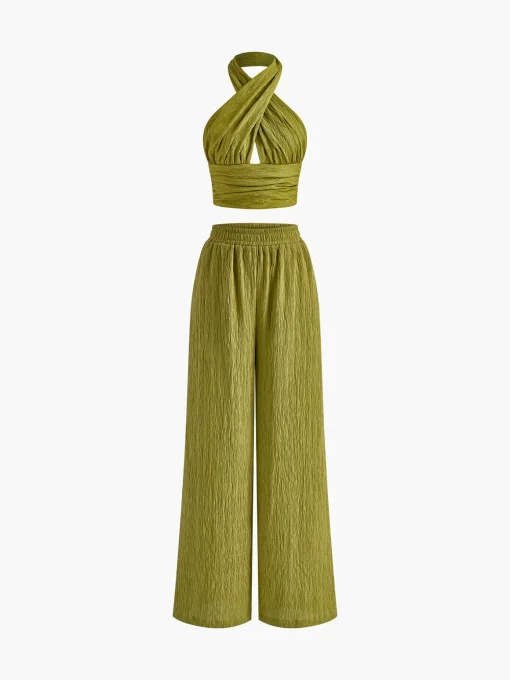 COMMENSE Pants Sets|Matching Sets^Cross Halter Plisse Pants Set Green