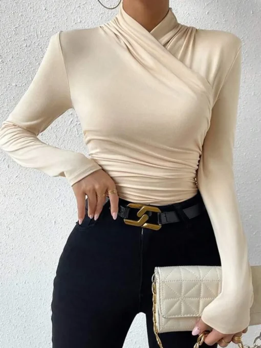 COMMENSE T-shirts|Tops^Cross-Over Collar Pleated Cinched T-Shirt Apricot