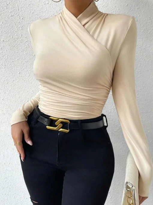 COMMENSE T-shirts|Tops^Cross-Over Collar Pleated Cinched T-Shirt Apricot