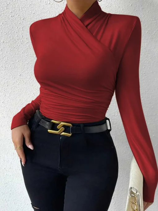 COMMENSE T-shirts|Tops^Cross-Over Collar Pleated Cinched T-Shirt Apricot