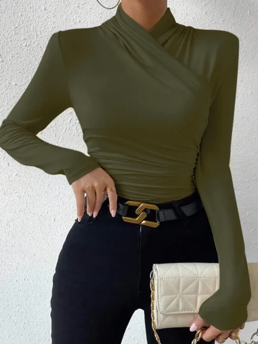 COMMENSE T-shirts|Tops^Cross-Over Collar Pleated Cinched T-Shirt Apricot