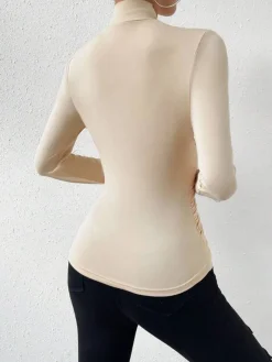 COMMENSE T-shirts|Tops^Cross-Over Collar Pleated Cinched T-Shirt Apricot