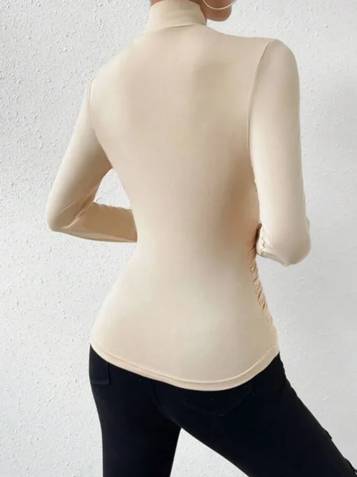 COMMENSE T-shirts|Tops^Cross-Over Collar Pleated Cinched T-Shirt Apricot