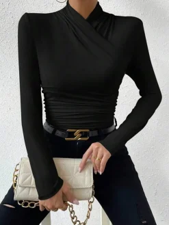 COMMENSE T-shirts|Tops^Cross-Over Collar Pleated Cinched T-Shirt Apricot