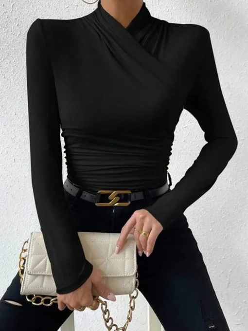 COMMENSE T-shirts|Tops^Cross-Over Collar Pleated Cinched T-Shirt Apricot