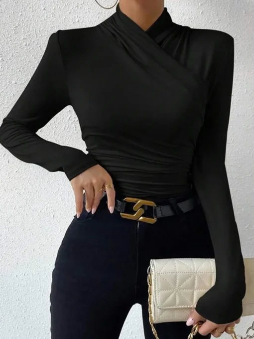 COMMENSE T-shirts|Tops^Cross-Over Collar Pleated Cinched T-Shirt Apricot