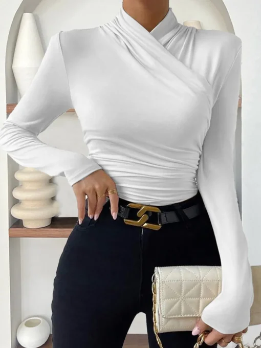 COMMENSE T-shirts|Tops^Cross-Over Collar Pleated Cinched T-Shirt Apricot