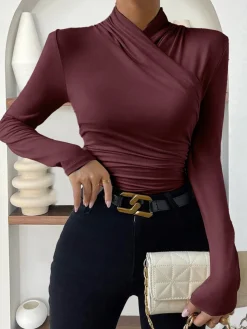 COMMENSE T-shirts|Tops^Cross-Over Collar Pleated Cinched T-Shirt Apricot