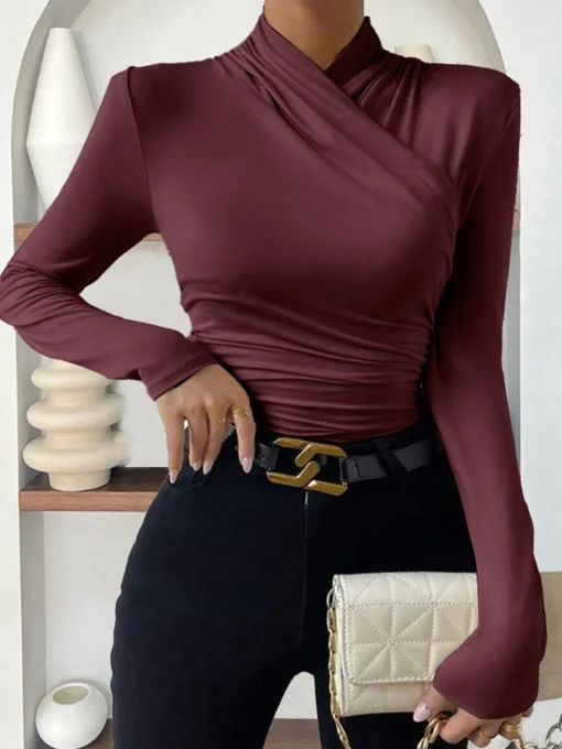 COMMENSE T-shirts|Tops^Cross-Over Collar Pleated Cinched T-Shirt Apricot
