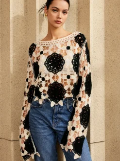 COMMENSE Sweater Tops|Sweaters & Cardigans^Cutout Crochet Flower Sweater Black