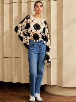 COMMENSE Sweater Tops|Sweaters & Cardigans^Cutout Crochet Flower Sweater Black