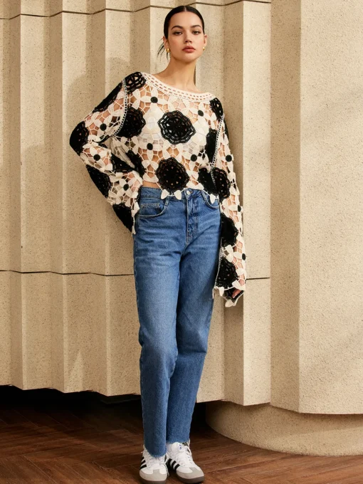 COMMENSE Sweater Tops|Sweaters & Cardigans^Cutout Crochet Flower Sweater Black