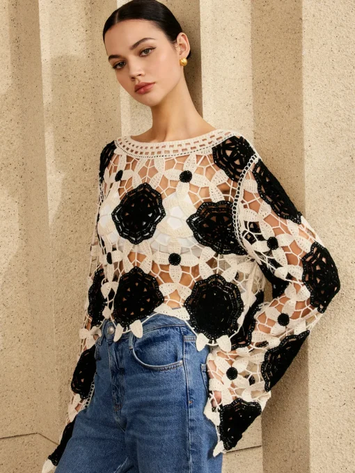 COMMENSE Sweater Tops|Sweaters & Cardigans^Cutout Crochet Flower Sweater Black