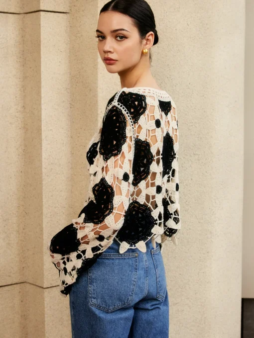 COMMENSE Sweater Tops|Sweaters & Cardigans^Cutout Crochet Flower Sweater Black