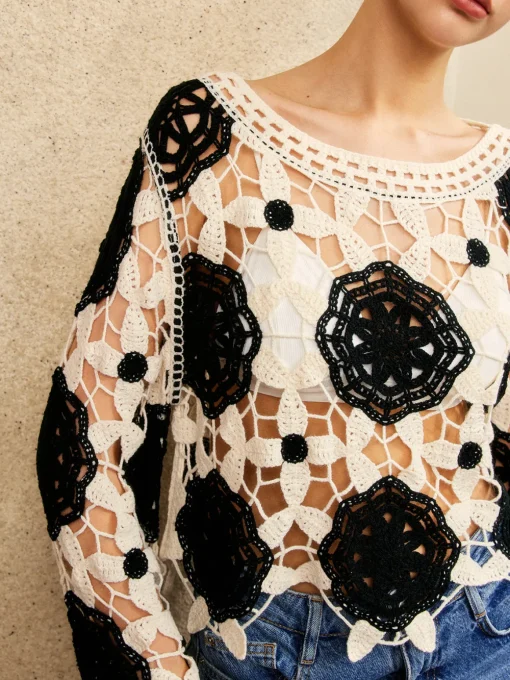 COMMENSE Sweater Tops|Sweaters & Cardigans^Cutout Crochet Flower Sweater Black