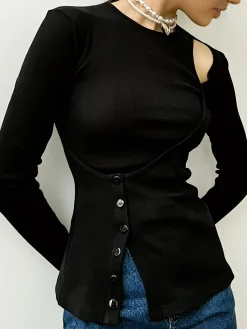 COMMENSE Blouses & Shirts|Tops^Cutout Panel Button Blouse Black